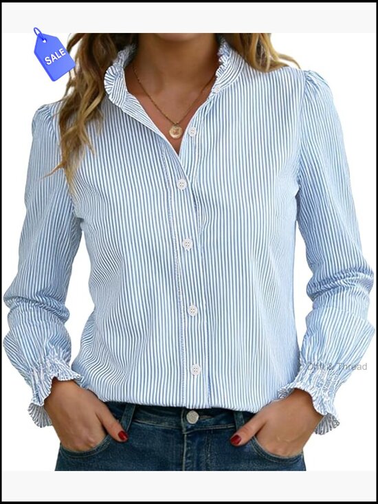 Tops - Women's Striped Button Down Shirt Long Sleeve Ruffle Collar Smocked Cuff Blouse